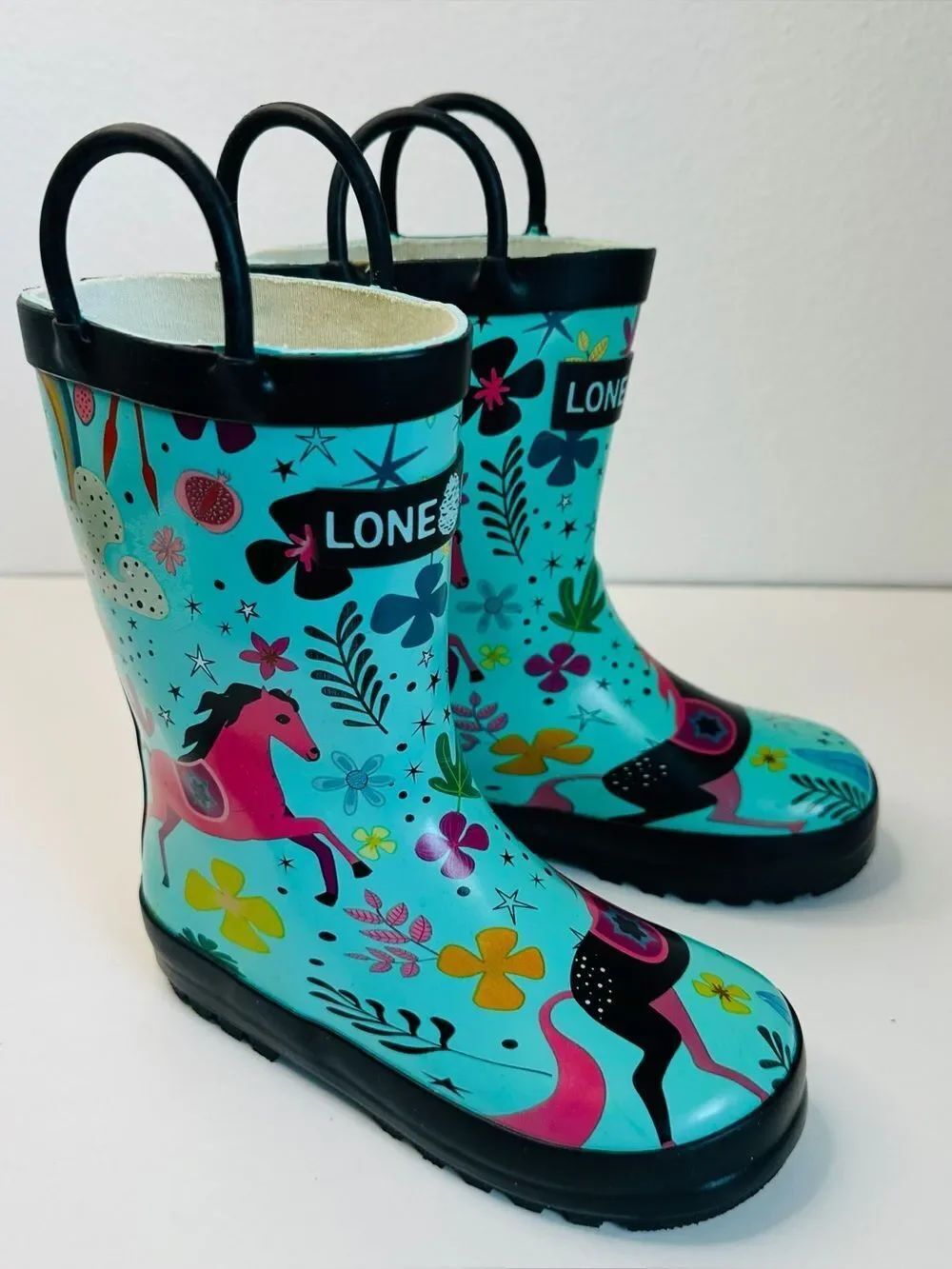 Lone Cone Turquoise Horse Pattern Kids Rain Boots Size 9